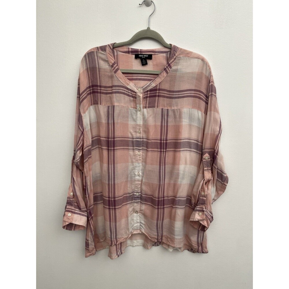Nine West Women’s shirts Button Down Roll Tab Sleeve Large Plaid Viscose